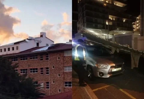 Strong winds caused damage in Cape Town on Thursday, including damage to the roof of Booth Memorial Hospital (left) and a building on Solomons Road, Sea Point. (Facebook/Cllr Francine Higham - Ward 77, Cape Town and Sea Point CID)