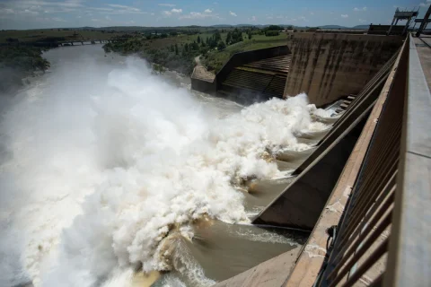 Five sluice gates at the Vaal Dam are seen open, 5 January 2022. The opening of the sluice gates follows consistent heavy rains over the past few weeks in catchments supporting the Integrated Vaal River System and Orange River. Picture: Michel Bega